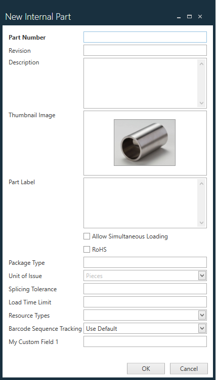 New Internal Part dialog withpart photo