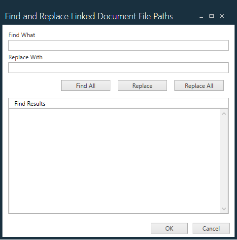 Find and Replace Linked Document File Paths dialog