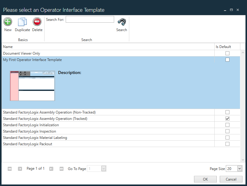 Please Select an Operator Interface Template dialog