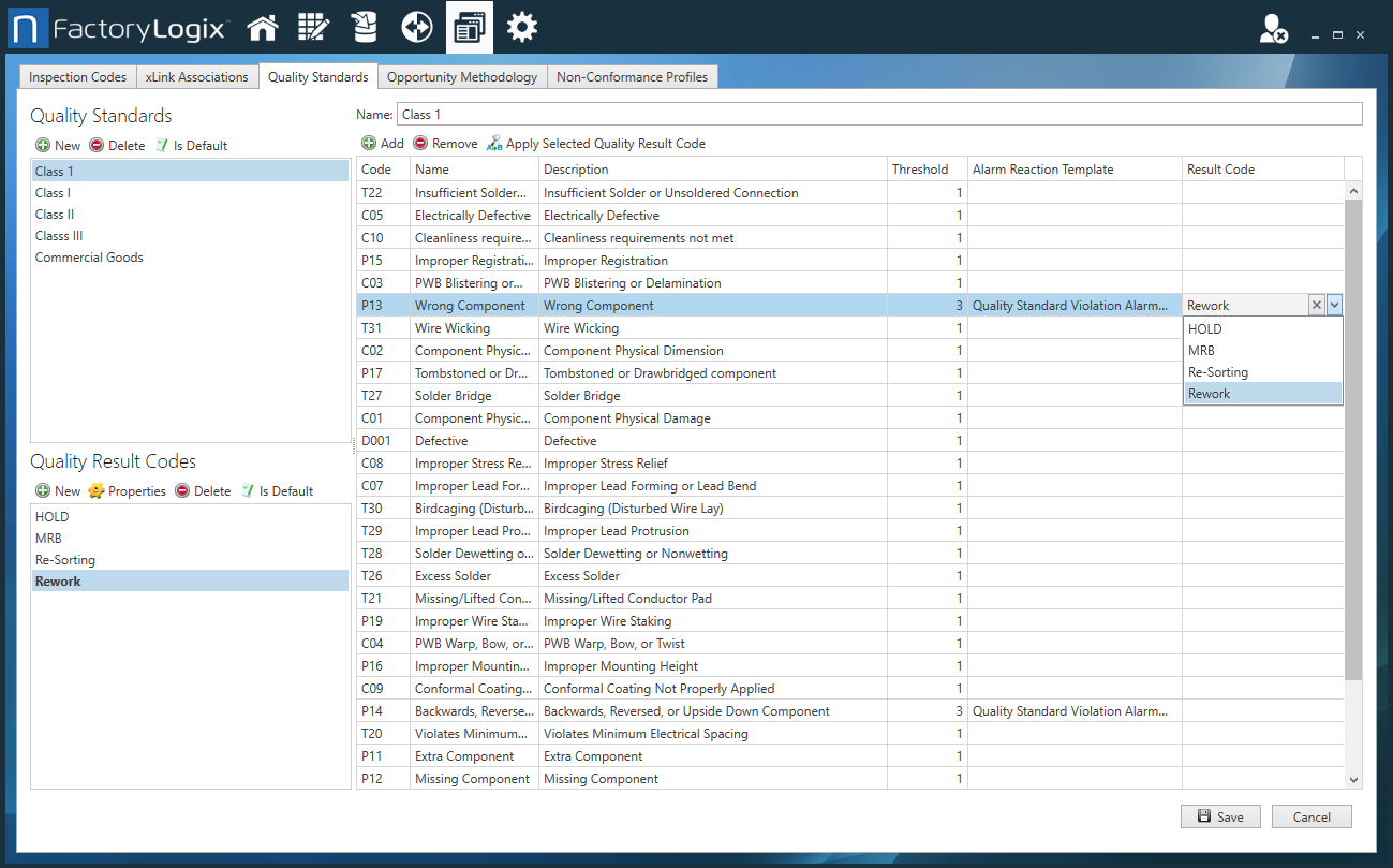 Select options for a quality standard