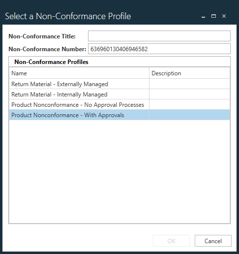 Select a Non-Conformance Profile dialog