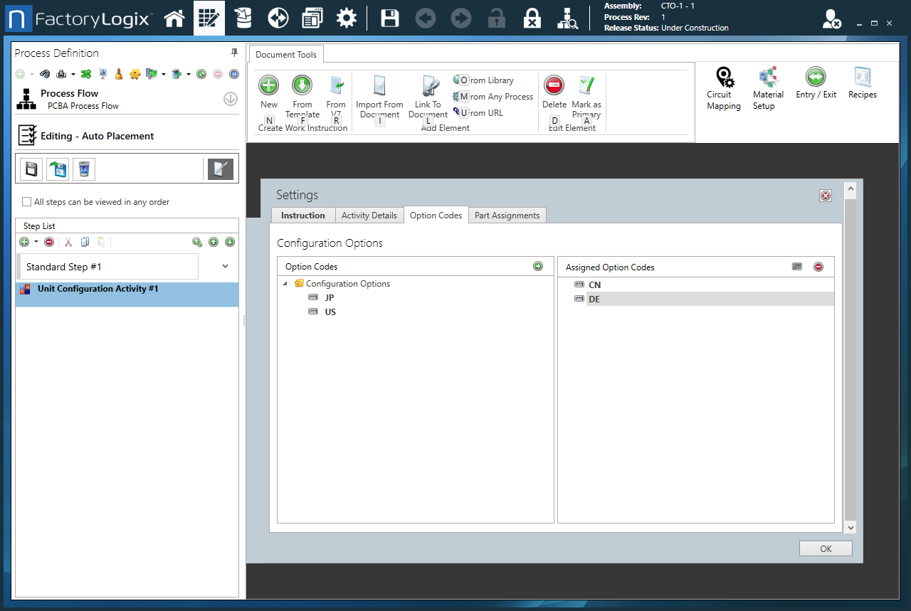 Unit Configuration activity Option Codes properties