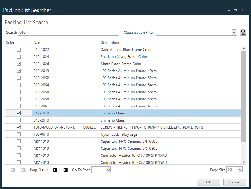 Packing List Searcher dialog