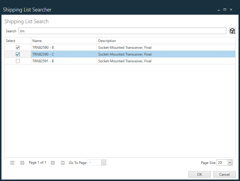 Shipping List Searcher dialog