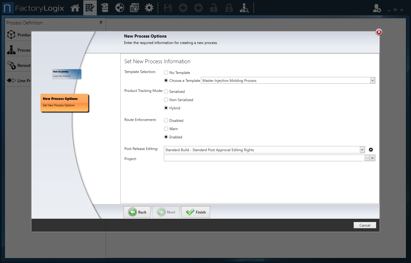 Select new process options