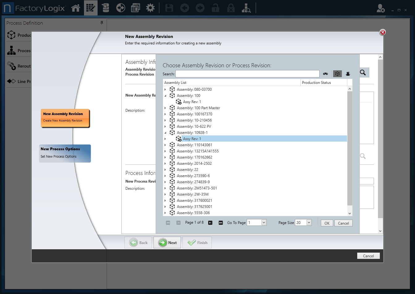 Choose Assembly Revision or Process Revision dialog