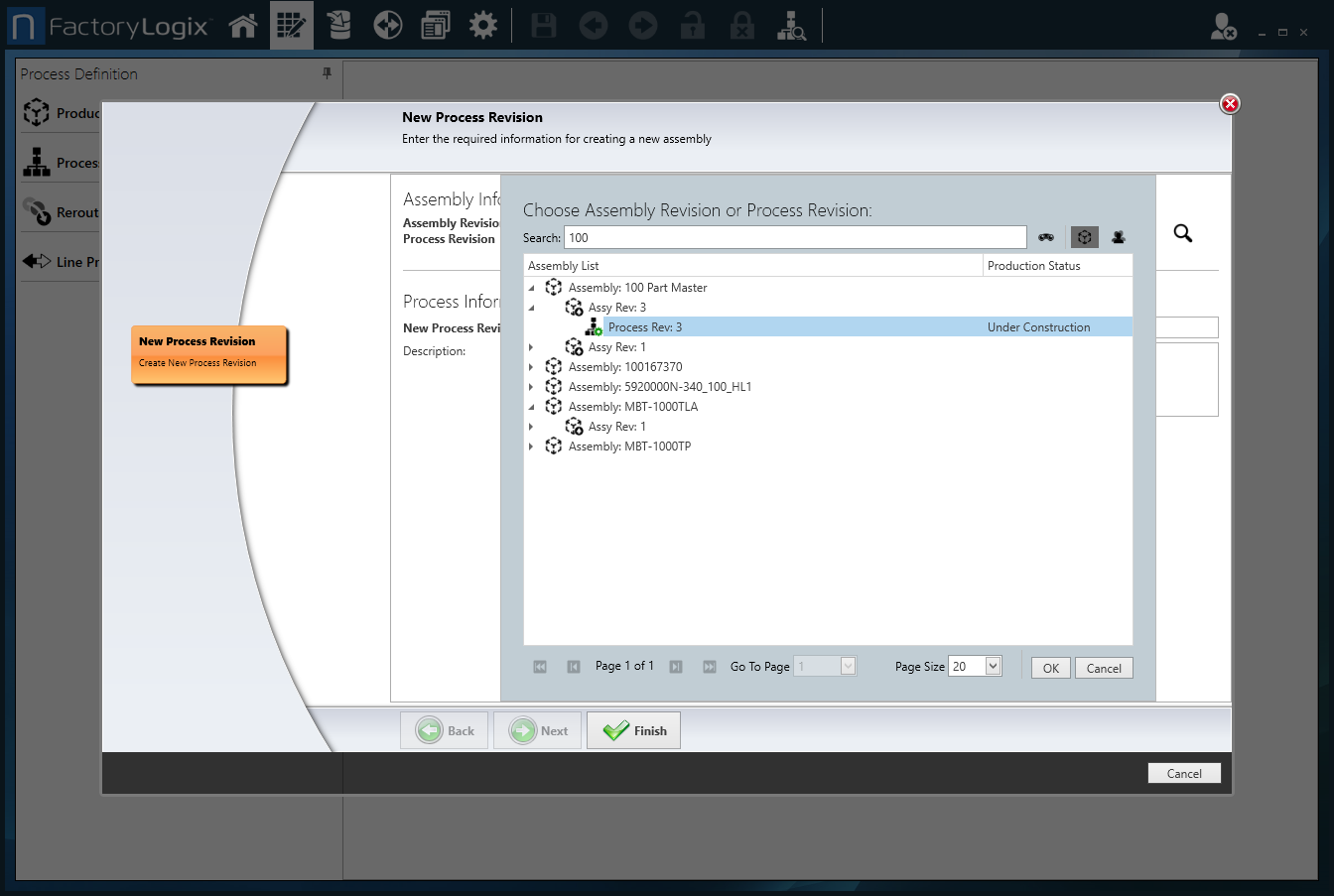 Choose Assembly Revision or Process Revision dialog