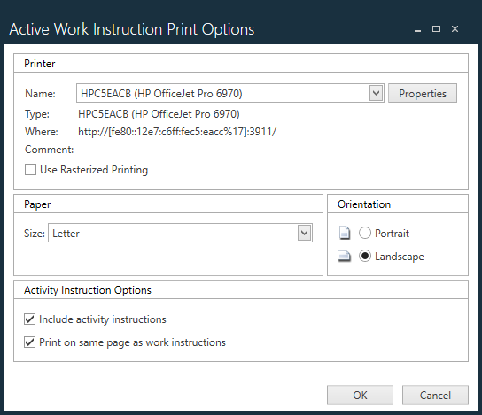 Active Work Instruction Print Options dialog