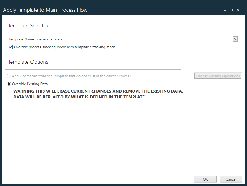 Apply Template to Main Process Flow dialog