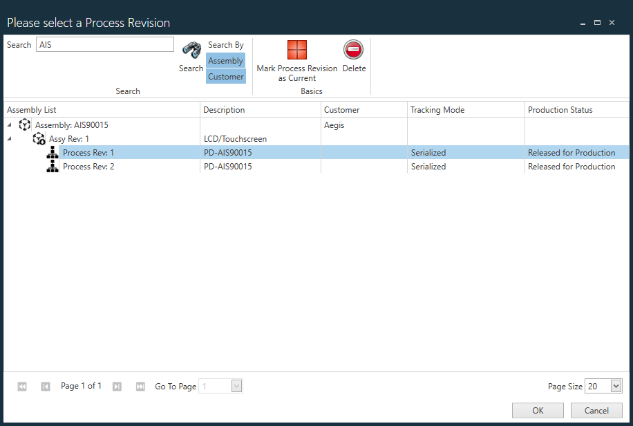 Please Select a Process Revision dialog