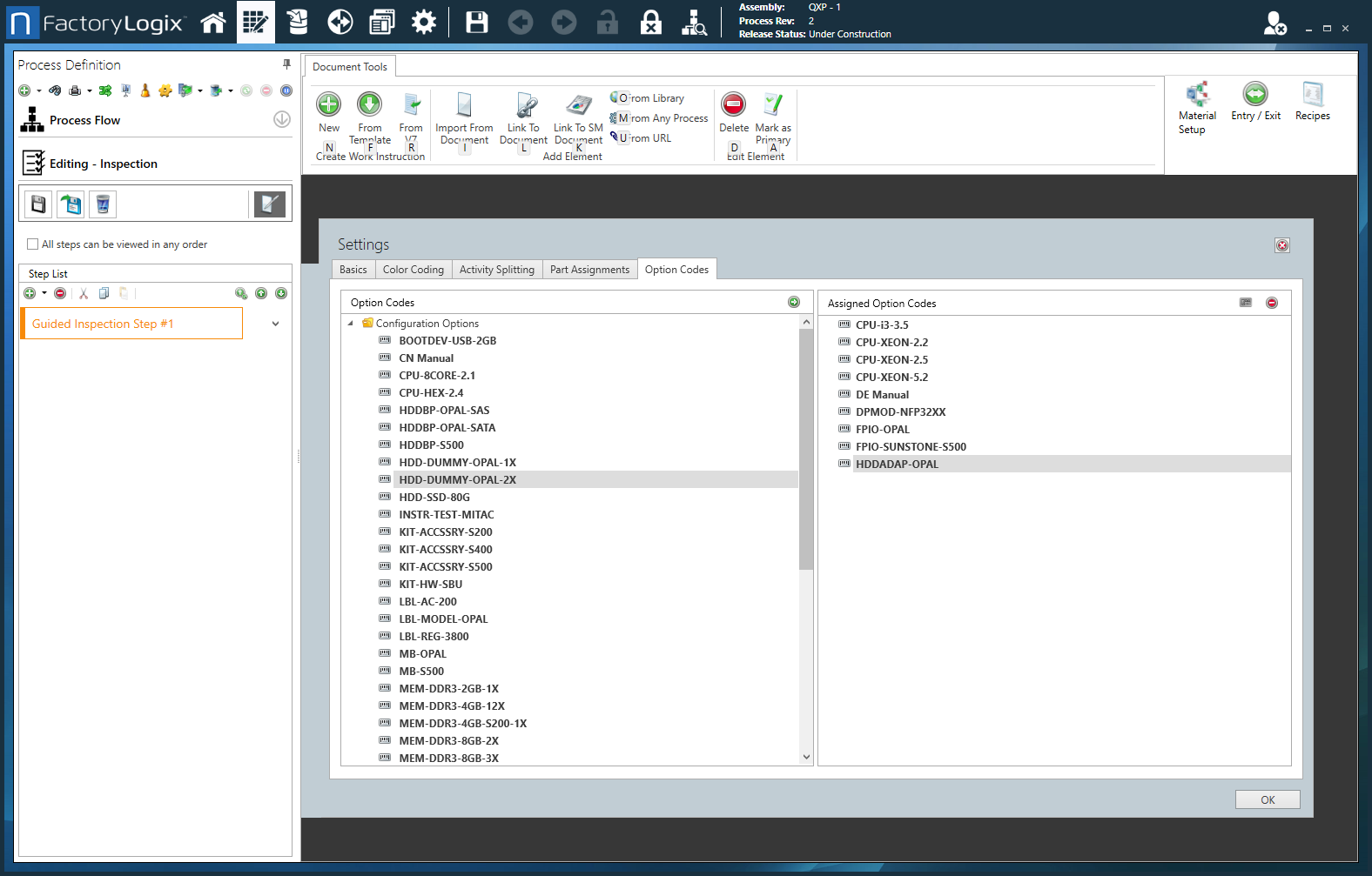 Option Codes tab - Guided Inspection step