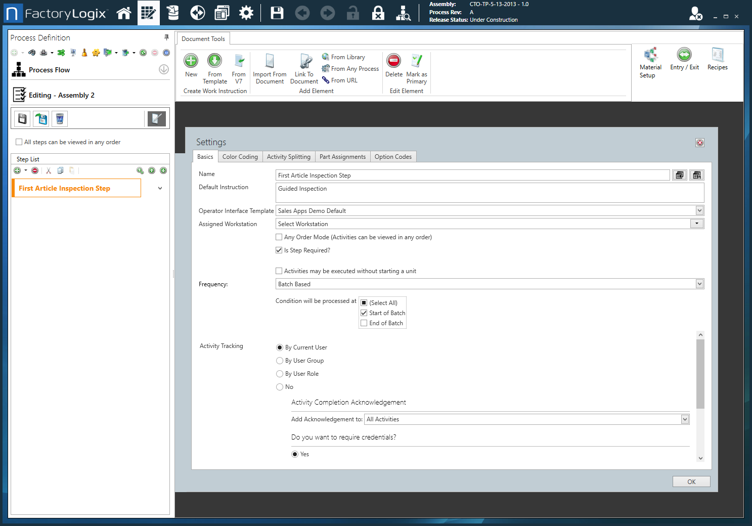 First Article Inspection step - Settings dialog