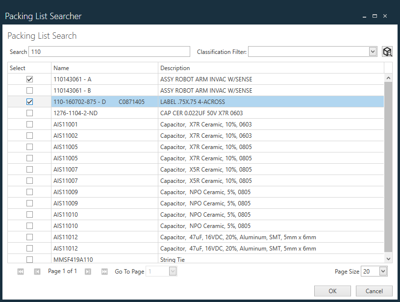 Packing List Searcher dialog